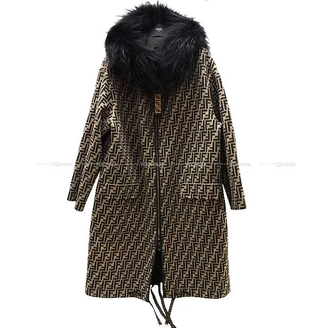 2020 AW FENDI Fur hoodie coat Zucca FF reversible coat #44 Noir (Black)/Brown Wool/Silk/Silver fox FF8581[EXCELLENT][Authentic]