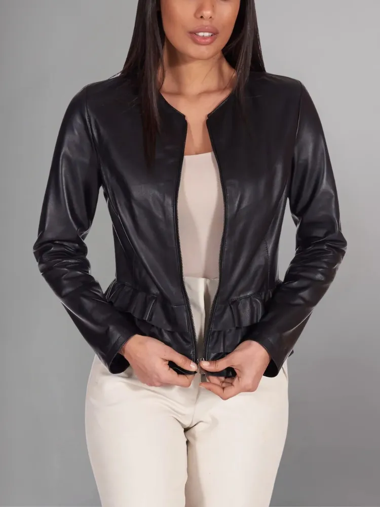 Black nappa lamb leather jacket waist flounces