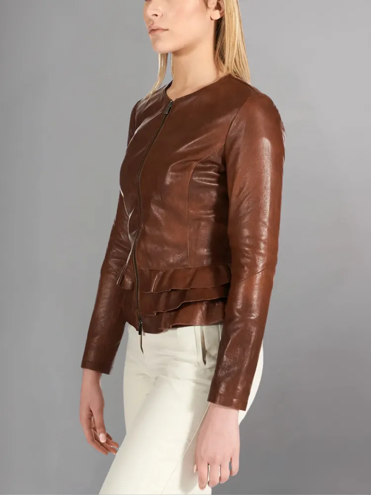 Black nappa lamb leather jacket waist flounces