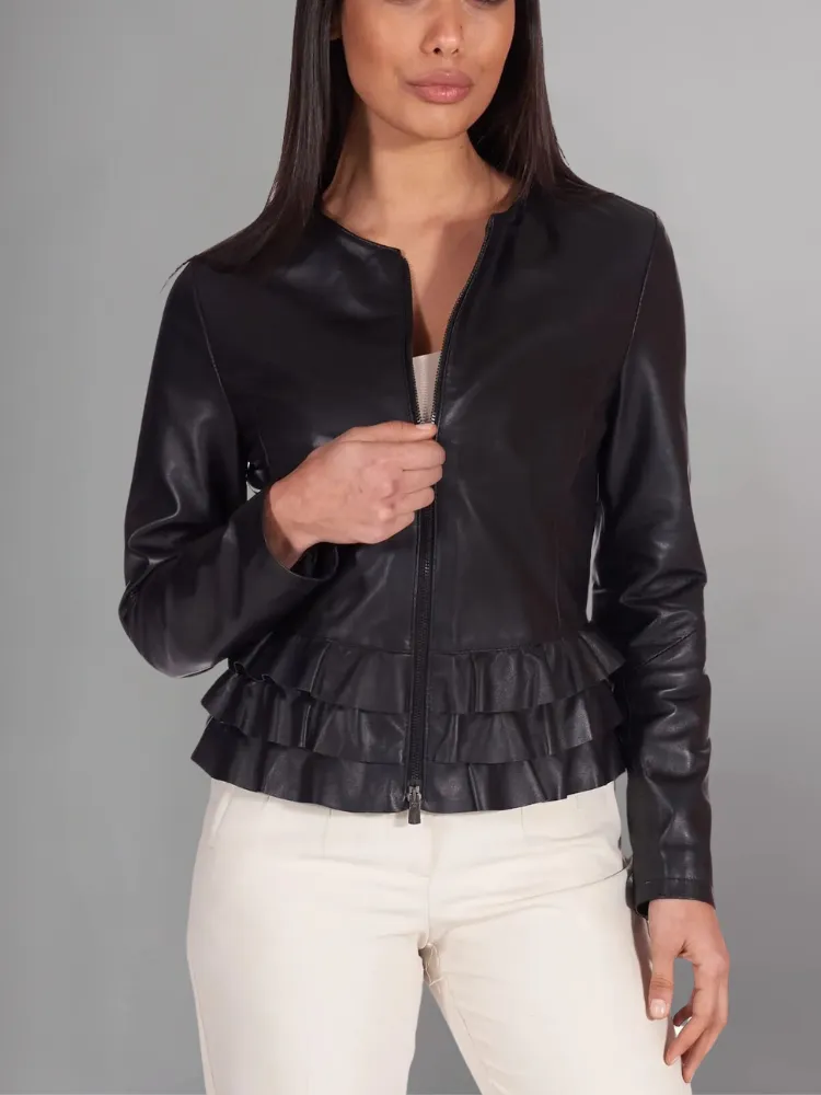 Black nappa lamb leather jacket waist flounces