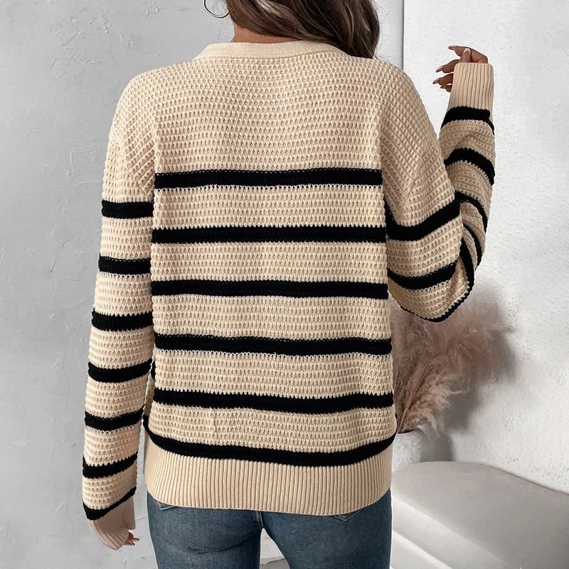 Button Detachable Striped Loose Sweater Wholesale Womens Clothing N3824091200027