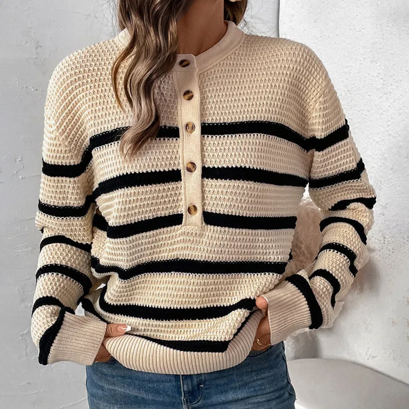 Button Detachable Striped Loose Sweater Wholesale Womens Clothing N3824091200027