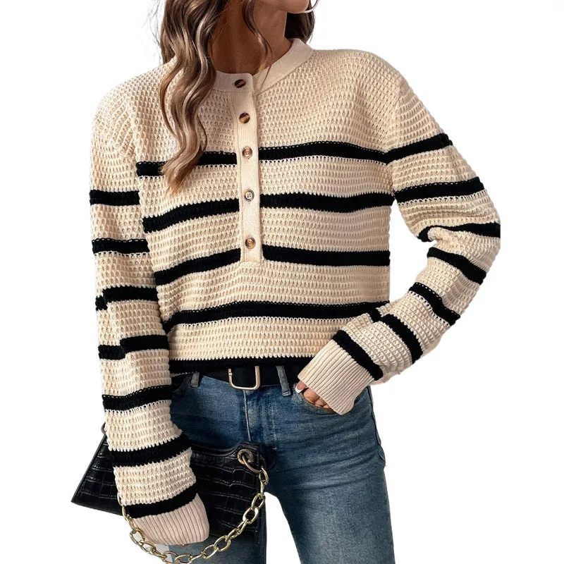 Button Detachable Striped Loose Sweater Wholesale Womens Clothing N3824091200027