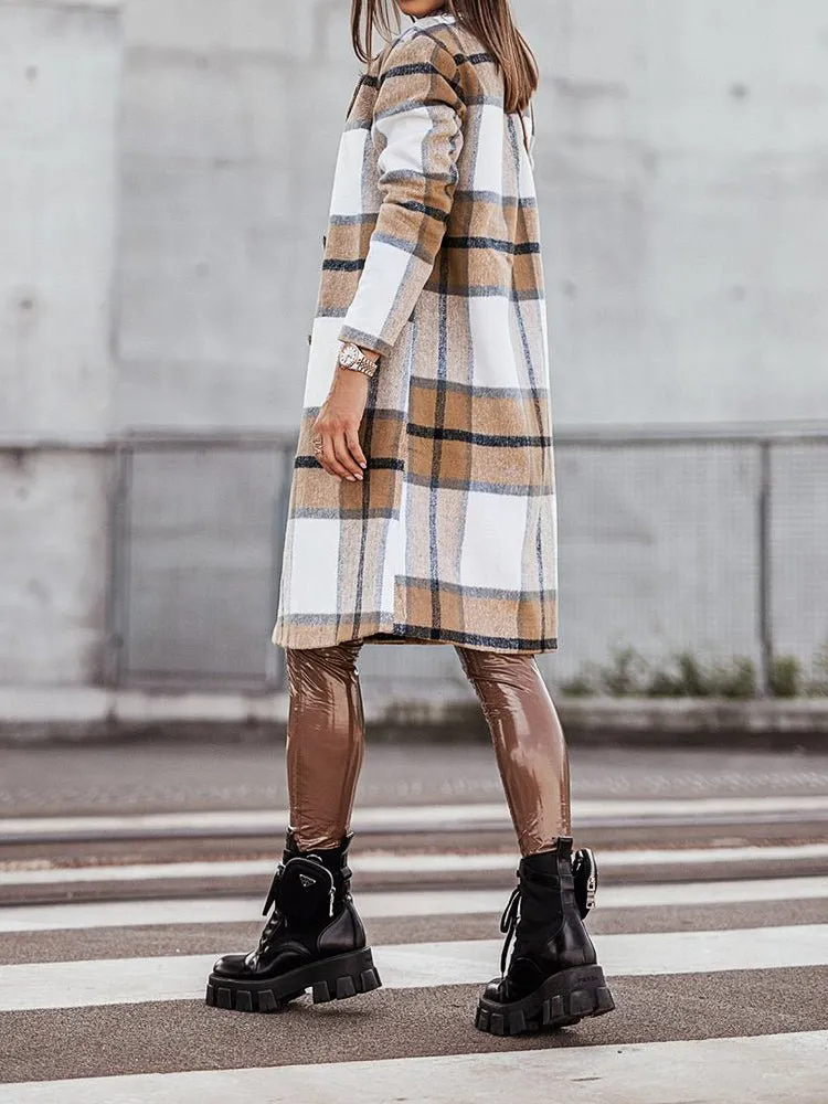 Coats Lapel Plaid Print Wool Coat for Women