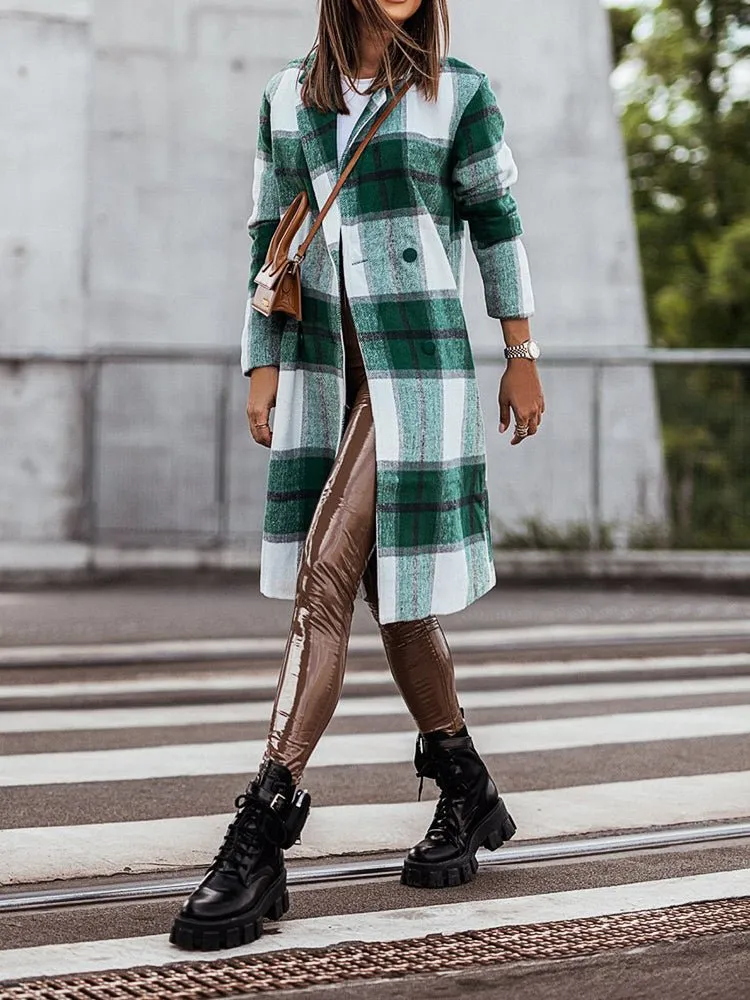 Coats Lapel Plaid Print Wool Coat for Women