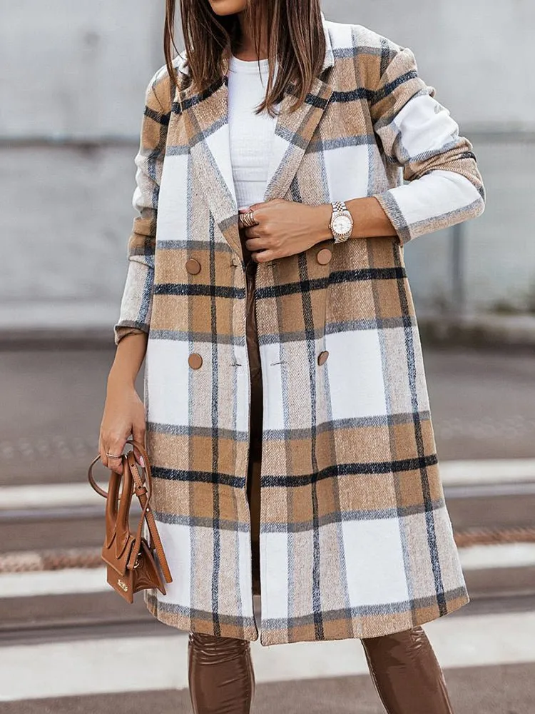 Coats Lapel Plaid Print Wool Coat for Women