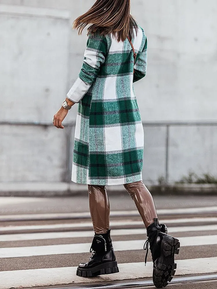 Coats Lapel Plaid Print Wool Coat for Women