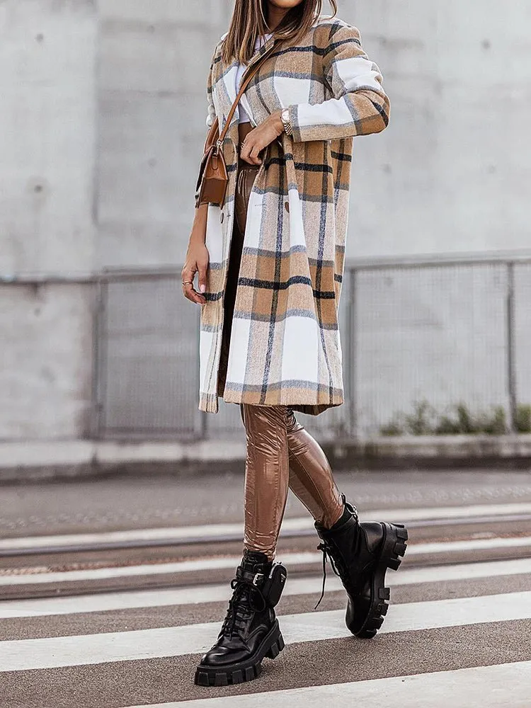 Coats Lapel Plaid Print Wool Coat for Women