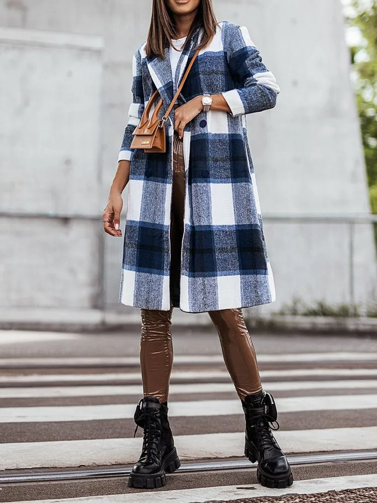 Coats Lapel Plaid Print Wool Coat for Women