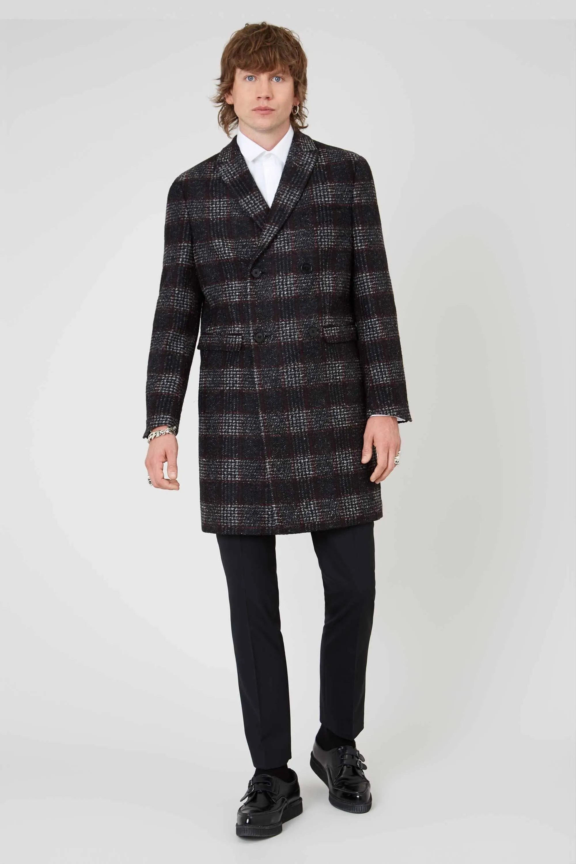 Danger Slim Fit Black Check Double Breasted Coat