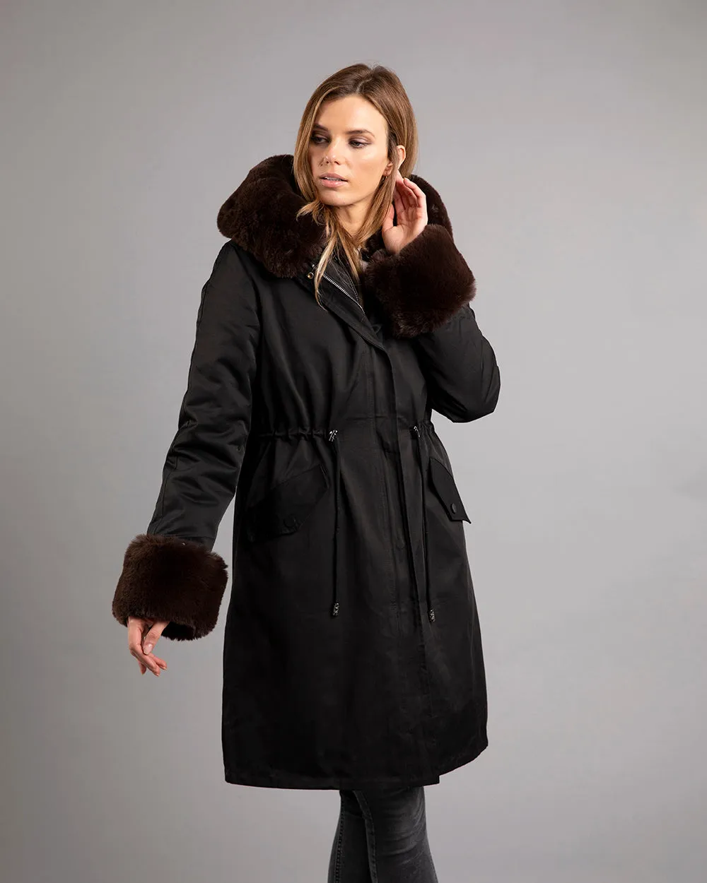 Mr Fox Unreal Faux Fur Parka Long Black/Dark Brown