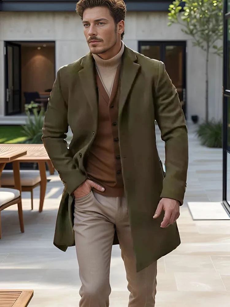 Wiaofellas  -  Winter Fashion Lapel Button Wool Overcoats Men's Autumn Solid Color Thickness Outwear Male Long Sleeve Fleece Midi Jackets